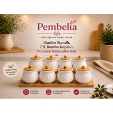 Pembelia Life Bambu Standlı 7’li Bambu Kapaklı Porselen Baharatlık Seti Baharat Saklama Kabı Kavanoz Set