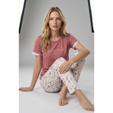 Morro Kadın Mavi Yazı Baskılı Bisiklet Yaka Kısa Kollu Pijama Takımı