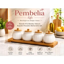 Pembelia Life 4’lü Bambu Standlı Porselen Baharatlık Set Baharat Saklama Kavanoz Takımı