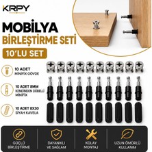 Krpy 10’lu Mobilya Birleştirme Seti – Minifix Gövde + 8mm Kendinden Dübelli Minifix Mili + 8X30MM Siyah Kavela Mobilya Montaj Bağlantı Seti
