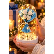 Kesene Premium LED Işıklı Fanus Beyaz Gül Buketi Dekoratif Gece Lambası Lüks Romantik Ev Hediyesi 14 cm