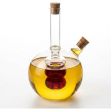 Str Store Borosilikat Cam Çift Bölmeli Yağlık ve Sirkelik 350 Ml, Iç ve Dış Hazneli 2’si 1 Arada Şeffaf Servis Şişesi, Iki Ayrı Ağızlı Mantar Tıpalı Yuvarlak Tasarım