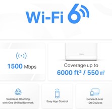 Str Store Halo H60X 3-Pack, AX1500MBPS, Dual-Band, Gigabit Portları, 100'E Kadar Cihaz Bağlanabilir, 550 M²'ye Kadar Kapsama, Akıllı Bağlantı, Mobil Uygulama ile Kolay Kurulum, Wi-Fi 6 Mesh Sistemi
