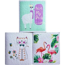 Str Store Swedish Dishcloth Isveç Bezi Flamingo-Lama-Kedi Desenleri 3'lu Paket, Sürdürülebilir, Tekrar Kullanılabilir, Tüm Yüzeylere Uygulanabilir, Makinede Yıkanabilir