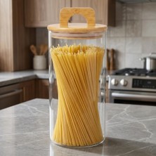 Str Store Bambu Kapaklı Yuvarlak Borosilikat Cam Kavanoz 1200 Ml, 10 × 20 Cm, Contalı ve Kulplu Kapaklı Şeffaf Kuru Gıda Saklama Kabı