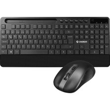 Str Store Everest KM-9676 Siyah Multimedya Tablet-Telefon Standlı Bileklik Ağrı Engelleyicili Uzun Menzilli Kablosuz Klavye Mouse Set