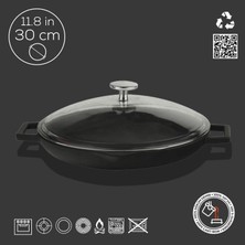 Str Store Döküm Kızartma Tavası 30 Cm, Siyah, Cam Kapaklı