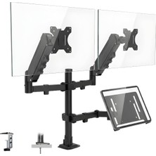 Str Store 17–32 Inç Amortisörlü Çiftli Pivot Monitör Kolu ve Tablet Kollu, Gazlı Yaylı, 2–9 Kg, Çift Montaj Seçeneği Sıkıştırma ve Vidalama, 360° Döner, Vesa Uyumlu Stant, M03, Siyah