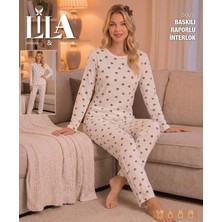 Lila Kadın Kalp Baskılı Raporlu Interlok Uzun Kollu Pijama Takımı