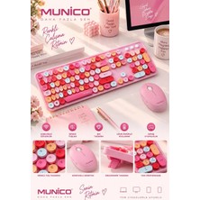 Munico Pembe Renkli Tuşlu Kablosuz Klavye Mouse Seti Sessiz Tuş Yapılı Ergonomik Masaüstü Set