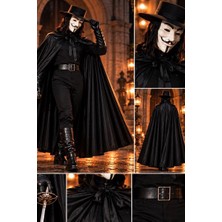 Munico Vendetta Maske Şapka Pelerin Seti 120 cm Siyah Uzun Pelerinli Cadılar Bayramı Halloween Kostümü