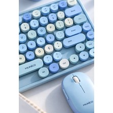 Munico Mavi Retro Tasarım Kablosuz Klavye Mouse Seti Sessiz Yuvarlak Tuşlu Ergonomik Bilgisayar Seti