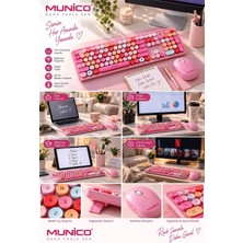 Munico Kablosuz Klavye Mouse Seti Pembe Renkli Yuvarlak Tuşlu Numpadli Şık ve Modern Tasarım
