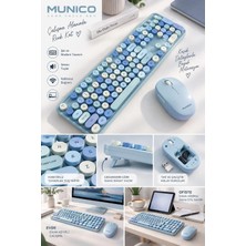 Munico Pastel Mavi Kablosuz Klavye Mouse Seti Yuvarlak Tuşlu Sessiz ve Konforlu Masaüstü Takımı