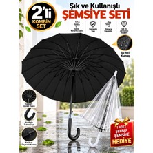 Toptancı Amca 16 Telli Yumuşak Saplı Baston Şemsiye + 1  Adet Şeffaf Şemsiye 2 Li Şemsiye Seti