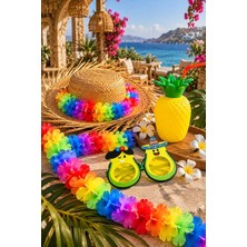 Munico 4 Parça Hawaii Kostüm Aksesuar Seti Hasır Şapka Çiçek Kolye Eğlenceli Avokado Gözlük Ananas Bardak