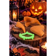 Munico Cadı Kostümü Tamamlayıcı Takma Uzun Burun Çene ve Yeşil Vampir Dişi Halloween Aksesuar Seti