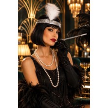 Munico Çarliston Kadın Kostüm Aksesuarları 1920’LER Gatsby Temalı Gümüş Tüylü Saç Bandı Inci Kolye Sigara