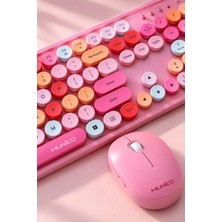 Munico Renkli Kablosuz Klavye ve Mouse Seti Pembe Sessiz Tuşlu Tam Boy Ergonomik Masaüstü Seti