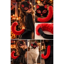 Munico Halloween Kedi Maske Kuyruk Seti Kırmızı Peluş Kuyruk Simli Siyah Kedi Maskesi Kostüm Tamamlayıcı