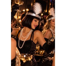 Munico Great Gatsby Parti Aksesuar Seti Kadın Gümüş Saç Bandı Beyaz Tüy Inci Kolye ve Sigara Ağızlığı