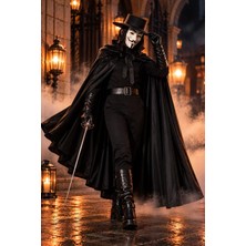 Munico Vendetta Tarzı Kostüm Seti Beyaz Maske Siyah Şapka 120 cm Pelerin Halloween Tiyatro Cosplay