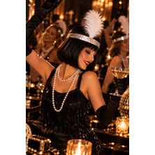 Munico 1920 Gatsby Temalı Parti Seti Kadın Tüylü Gümüş Saç Aksesuarı Inci Kolye Uzun Sigara Ağızlığı