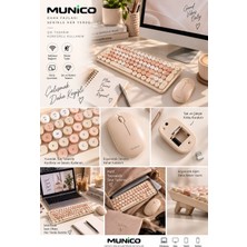 Munico Bej Krem Kablosuz Klavye ve Mouse Seti Yuvarlak Tuşlu Ergonomik Ev Ofis Çalışma Seti