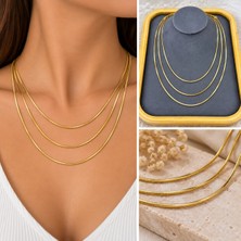 Fm 💎 Premium Parlak ve Şık Gold Renk Üçlü Yılan Model Zincir Kadın Çelik Kolye (45cm)