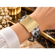 Terragolds Siyah Mermer Desen Akrilik Plastik Gold Kare Plaka Model Vintage Kadın Bilezik