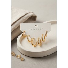 Terragolds Gold Renk Zirkon Taşlı Çelik Ince Kare Halka Model Kadın Küpe Seti