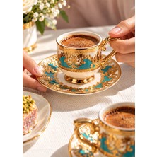 Decoform 6 Kişilik Turkuaz Gold Yaldızlı Kahve Fincan Takımı Zarif Desenli Ayaklı Türk Kahvesi Fincan Seti