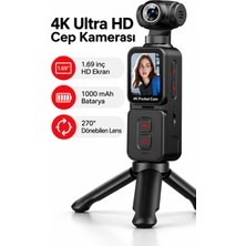 Bubitechh 4K Vlog Kamera, 270° Otomatik Dönen Lens, 1.69 Inç Dokunmatik Ekran, El Kamerası, 32GB Hafıza Kartı, Siyah