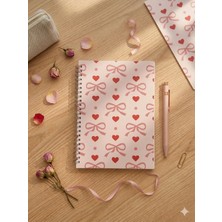 Tombi-X Fiyonk ve Kalp Desenli A5 Spiralli Çizgisiz Not Defteri – Pembe Telli Düz Notebook