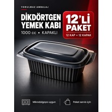 Yorulmaz Ambalaj 1000 cc Kapaklı Dikdörtgen Yemek Kabı 12’li – Siyah, Mikrodalgaya Uygun Paket Servis Kabı