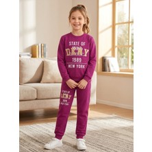 Alkın Kids 10-14 Yaş Kız Çocuk %100 Pamuklu 2 Iplik Şardonlu Uzun Kollu New York Baskılı Mor  Eşofman Takımı / Alt-Üst Takım
