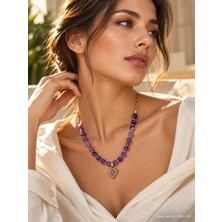 Solare Accessories Doğal Ametist Taşlı Çelik Kalp Uçlu Kadın Kolye
