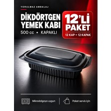 Yorulmaz Ambalaj 500 cc Kapaklı Dikdörtgen Yemek Kabı 12’li – Mikrodalgaya Uygun Siyah Paket Servis Kabı
