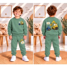 Alkın Kids 1-4 Yaş Erkek Çocuk Haki Iş Makinesi / Kepçe Baskılı %100 Pamuklu Eşofman Takımı / Alt-Üst Takım