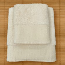 Ödel Buldan Jakar Bordürlü 2' li Bambu Havlu Seti & Hamam Seti & Kişisel Set & Çeyiz Seti & Misafir Seti Krem