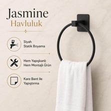 Str Store Siyah Kare Yuvarlak Havluluk, Yapışkanlı ve Vidalı Montajlı Duvara Monte Halka Havlu Askısı, Mat Siyah Banyo Aksesuarı