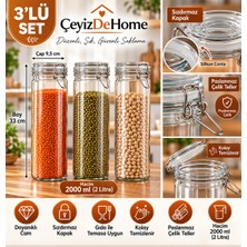 Çeyizde Korken 3'lü 2000 ml Yuvarlak Spagetti Kavanozu Vakumlu Kilitli Cam Saklama Kavanozu - 2 Litre