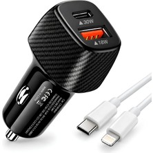 Laptify 48W Pd Araç Çakmaklık Şarj Cihazı, 30W Usb-C 18W USB 3.0, Ligtning Kablolu, Oto Şarj, Dayanıklı Yapı ve Akım Koruma