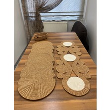 Senza Atelier Lüks Jüt Masa Sunum Seti – Dairesel Motifli Runner, 6’lı Supla ve Sepet Seti