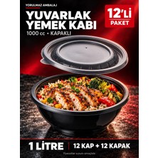 Yorulmaz Ambalaj 1000 cc Yuvarlak Kapaklı Yemek Kabı 12’li Set – 1 Litre Siyah Paket Servis Kabı