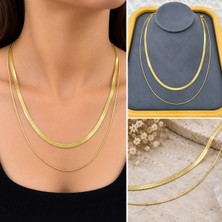 Fm 💎 Premium Parlak ve Şık Gold Renk İkili Zincir Kadın 316L Çelik Kolye (45 cm)