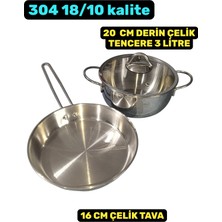 Akdeniz 20 cm Cam Kapaklı Çelik Tencere 16 cm Çelik Tava 3 Parça Çelik Tava Tencere Seti