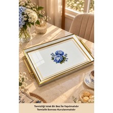 Seral Gülistan Cam Baskılı Dikdörtgen Servis Tepsisi Ortanca Desenli Altın Kenarlı Sunum Tepsisi 48X29 cm