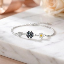 Arvenia Silver Kalp Yonca Papatya Motifli Mineli Zirkon Taşlı Kadın 925 Ayar Gümüş Bileklik