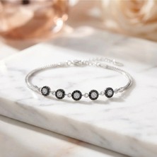 Arvenia Silver Siyah Beyaz Zirkon Taşlı Daire Motifli Ayarlanabilir Kadın 925 Ayar Gümüş Zincir Bileklik